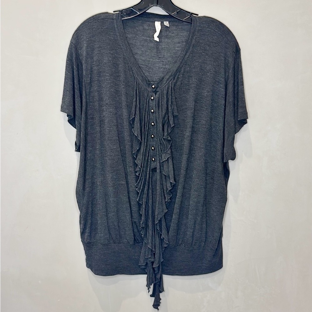 Robbi & Nikki Charcoal Ruffle V-Neck Blouse, gorgeous V-neck designer top